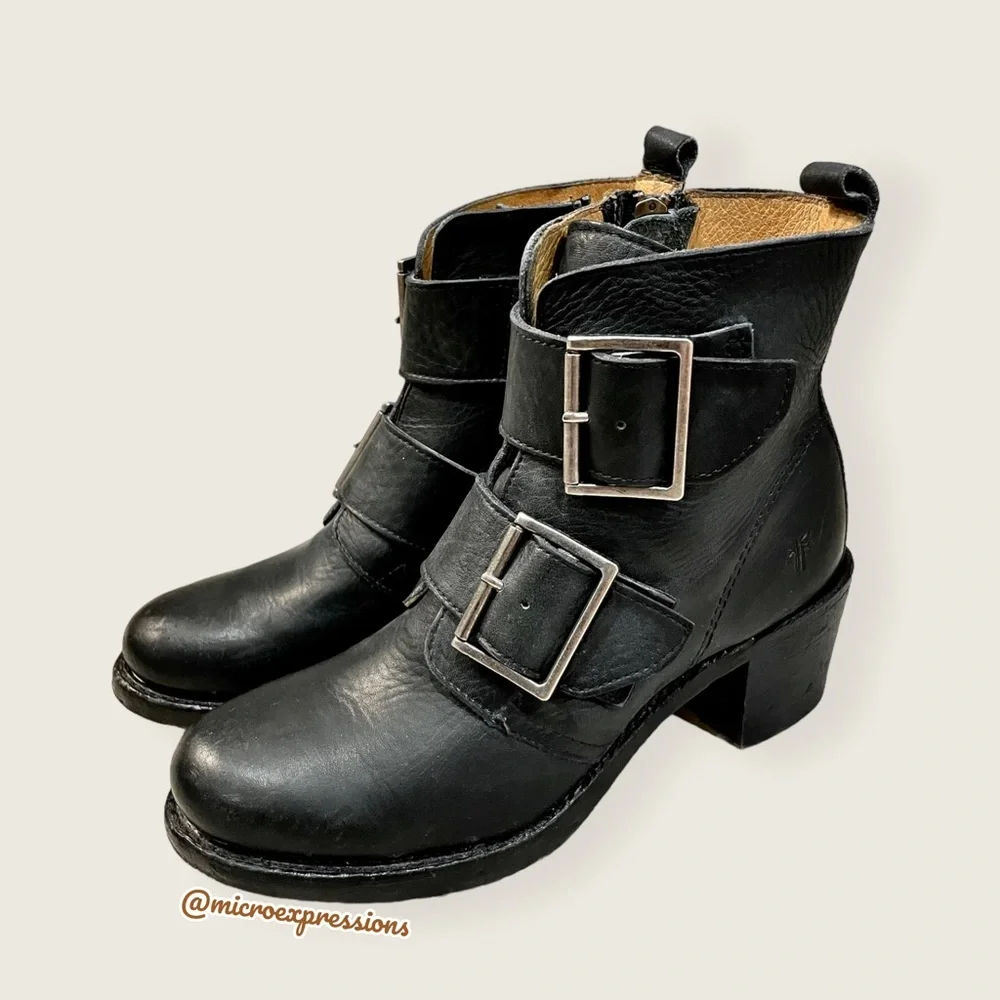 Frye Sabrina Double Buckle Vintage Academia Black Leather Block Heel Ankle Boot - Picture 13 of 16